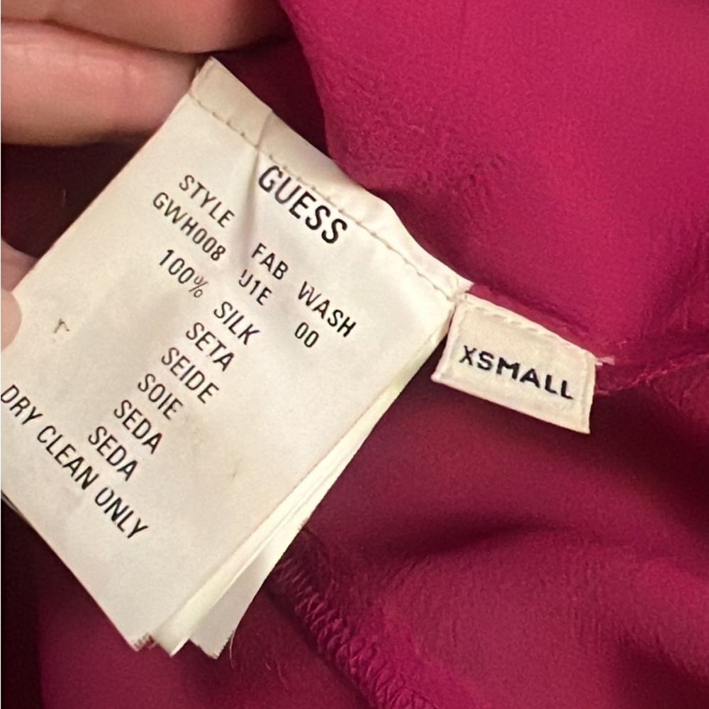 Y2K vintage Guess silk Fuchsia Ruffled Tie Front Blouse - Picture 6 of 6